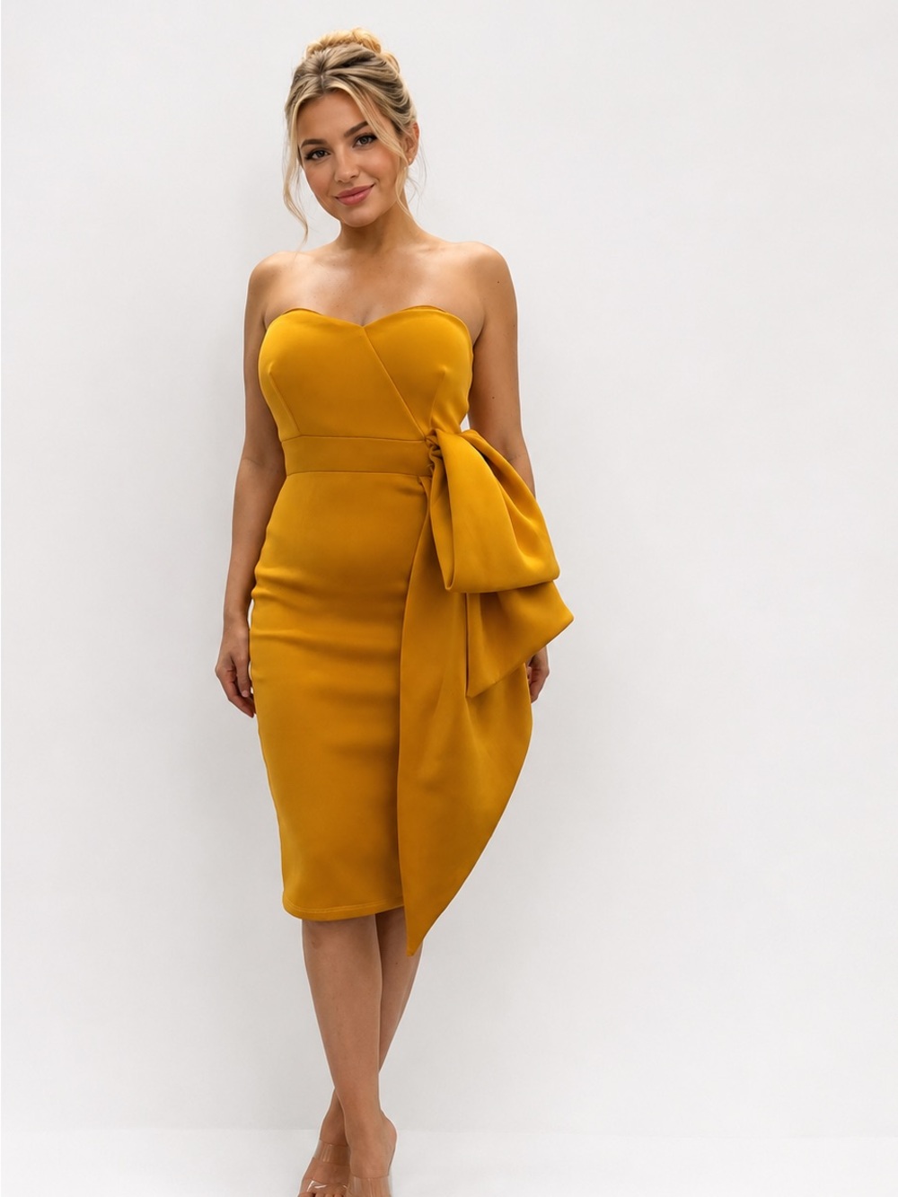 Brand NEW golden yellow scuba asymmetrical strapless draped bodycon midi dress